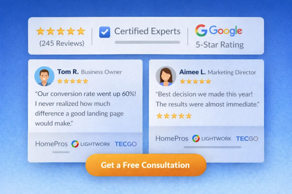 Screenshot-style landing page visual with trust badges, testimonial cards, and a call to action button to support conversion-focused web design