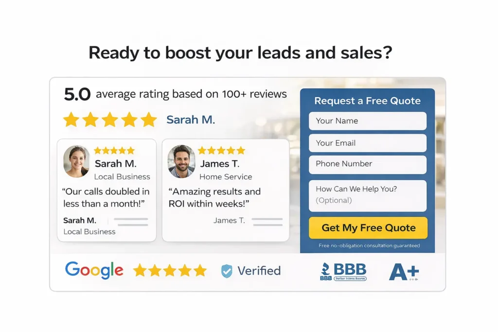 Landing page mockup with reviews, star ratings, and trust badges to improve small business conversions