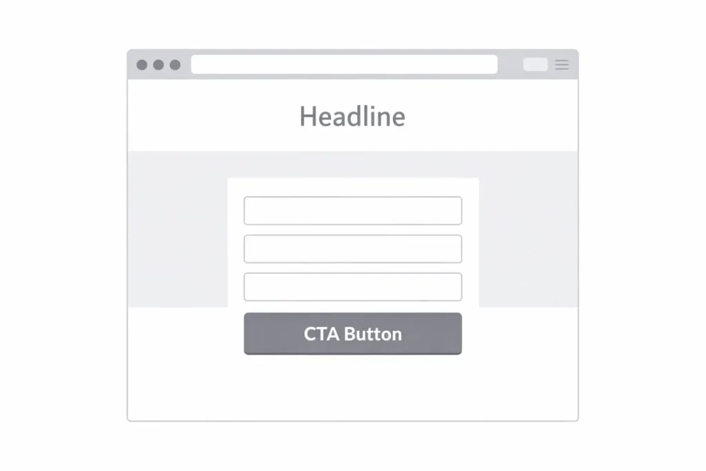Wireframe showing the above-the-fold section of a landing page with a headline, call-to-action button, and short lead form