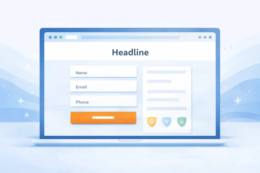 Hero mockup of a lead generation landing page with headline, form, trust badges, and call-to-action button