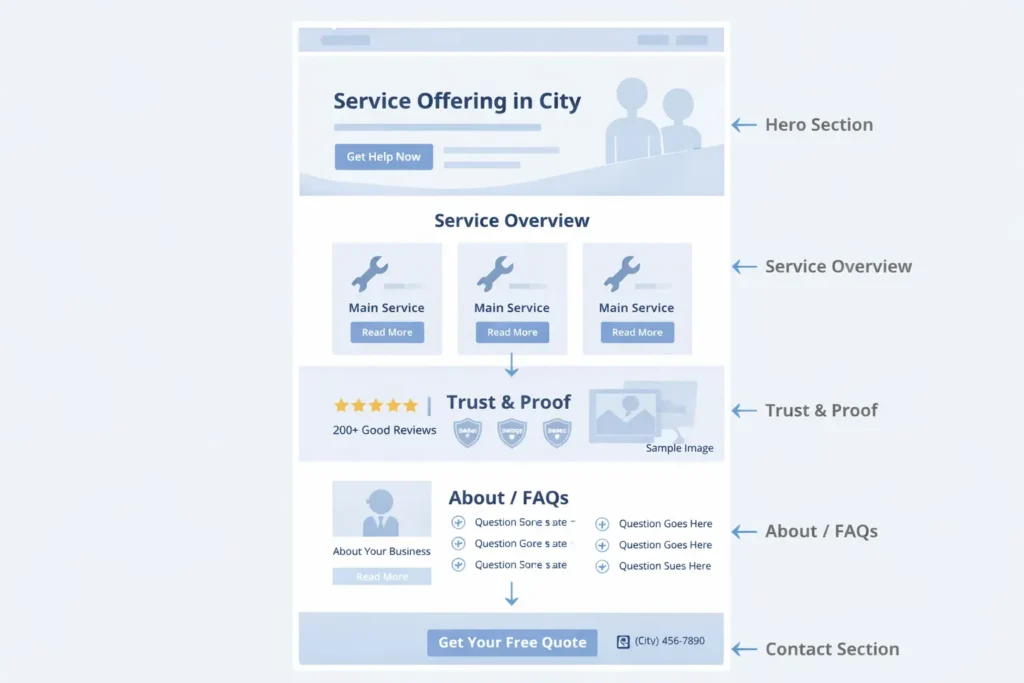 Homepage wireframe for a local business website showing ideal section order from hero and services to reviews, FAQs, and contact call to action.