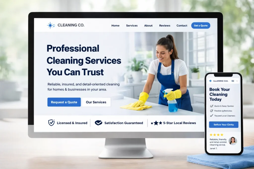 Hero mockup of local cleaning business websites showing a modern cleaning company homepage with trust badges CTA button and service highlights