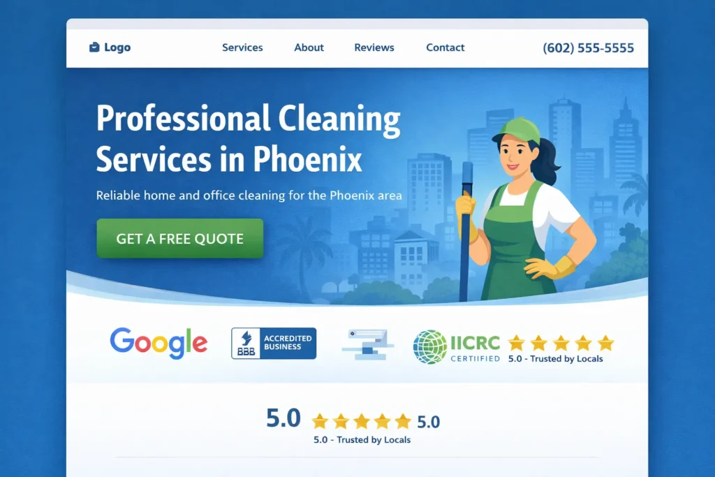 Homepage mockup for local SEO for small business website showing a local service business hero section with city name, CTA button, trust badges, and 5-star review stars.