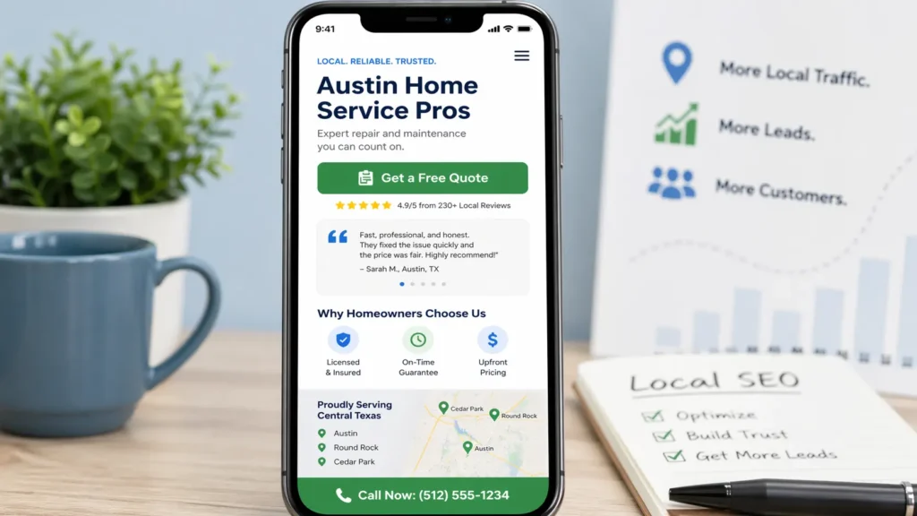 Mobile mockup of a local service page with a clear call-to-action button, customer reviews, trust badges, and service-area proof for Austin, Round Rock, and Cedar Park.
