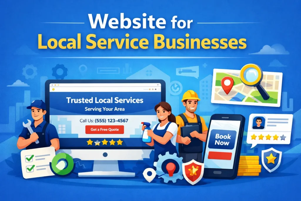 Local service website illustration showing a business homepage, map pin, reviews, and service professionals to represent local lead generation and web design