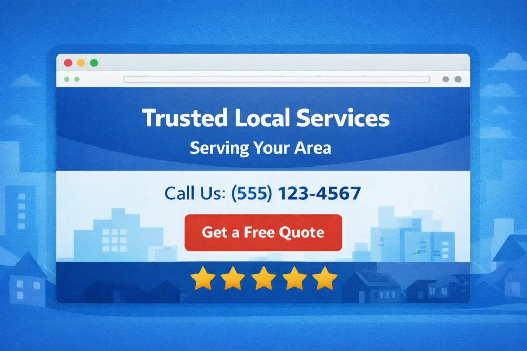 Local service website hero section mockup with headline, service area text, review stars, phone number, and a call-to-action button