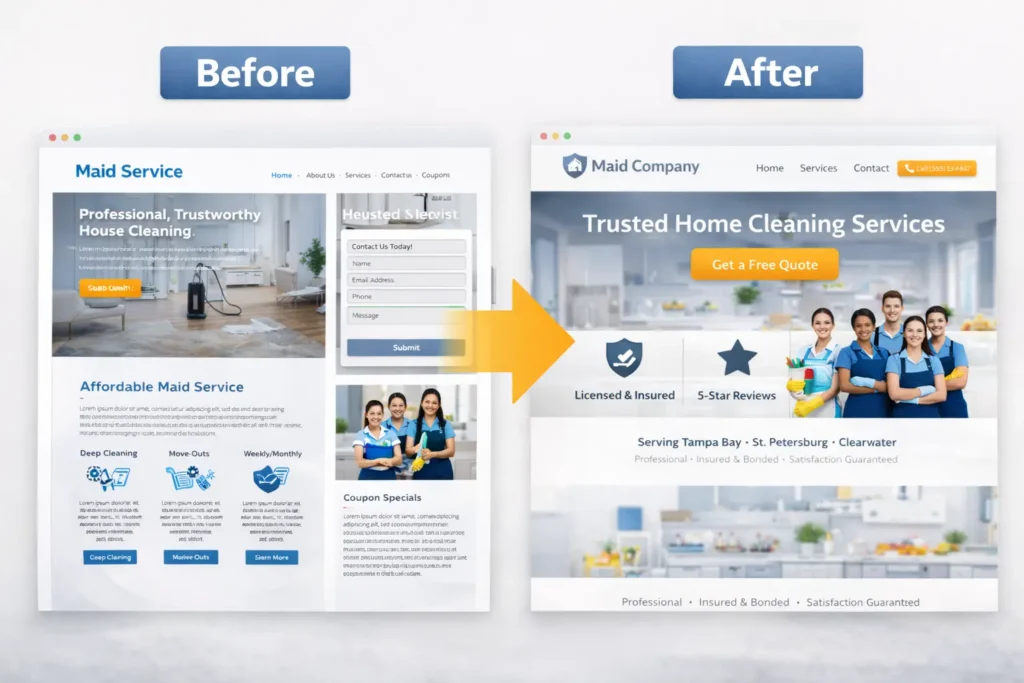 Before and after comparison of a maid service website homepage showing a cluttered layout versus a cleaner lead-focused redesign with stronger headline, trust badges, and quote button
