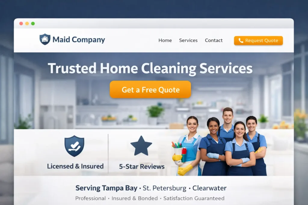 Hero mockup of a maid service website homepage with a clear headline, quote button, trust badges, local service area text, and real cleaning team photo