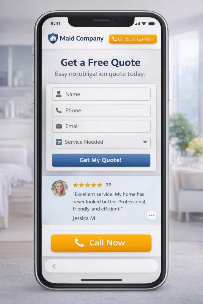 Mobile wireframe for a maid service website showing a short quote form, testimonial strip, and sticky call now button for faster lead conversion