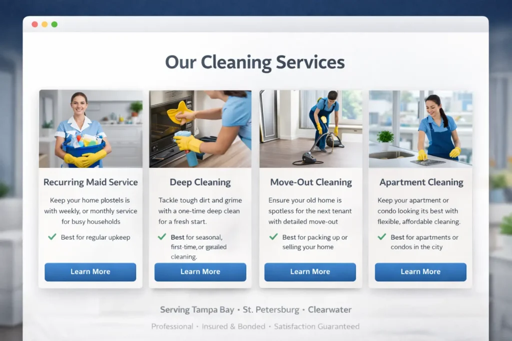 Service section mockup for a maid service website showing recurring maid service, deep cleaning, move-out cleaning, and apartment cleaning cards with call-to-action buttons