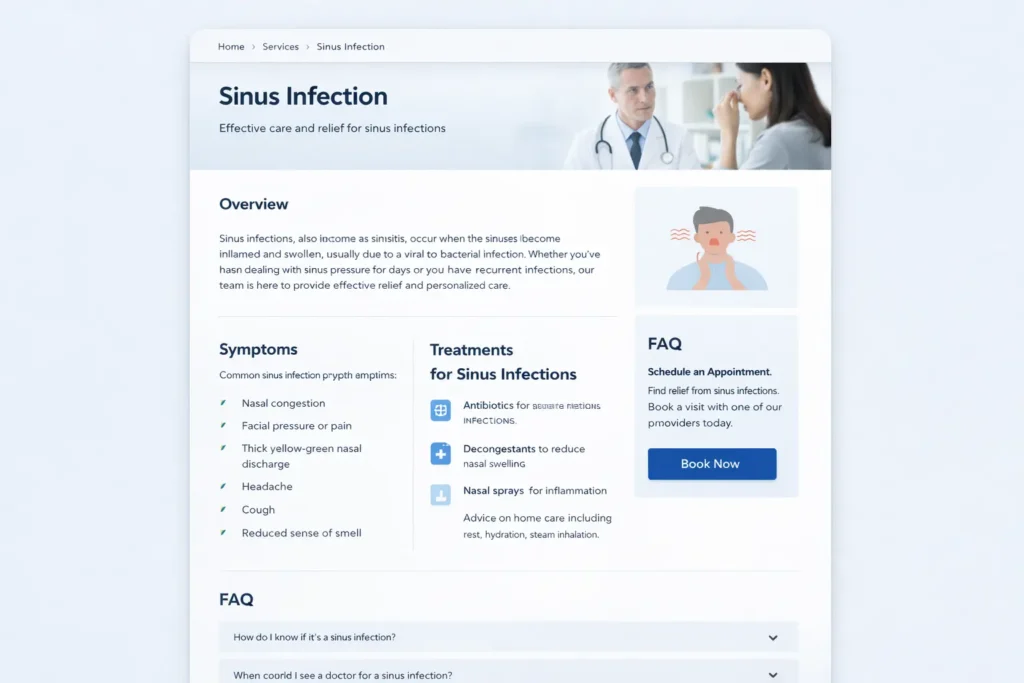 Service page mockup for a medical clinic showing symptoms, treatments, FAQ section, and a book now call to action