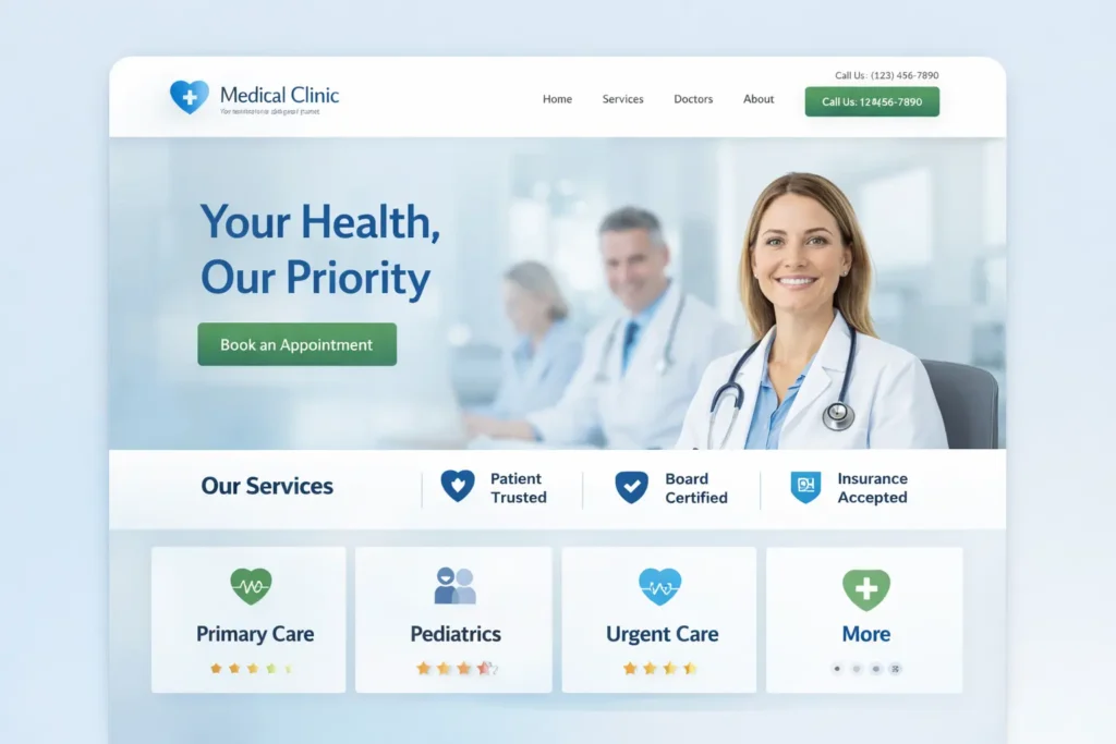 Homepage mockup of a clean medical clinic website with a clear book appointment CTA, doctor photo, service cards, and trust badges