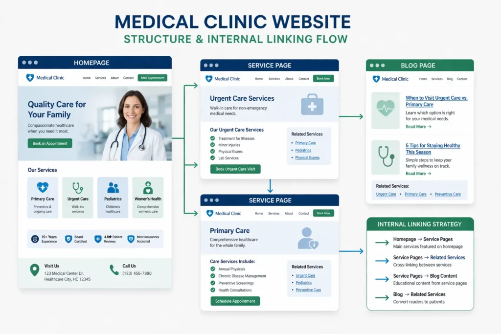 Medical clinic website design wireframe showing homepage, service pages, blog pages, and internal linking flow for SEO and patient navigation