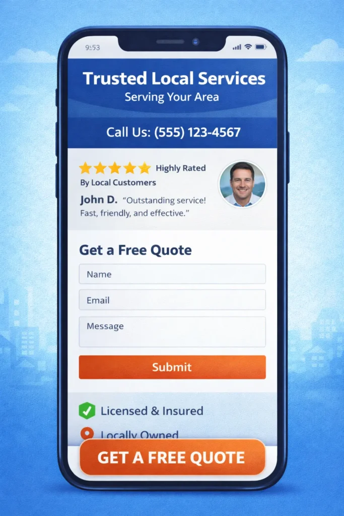 Mobile-first service page layout showing sticky CTA button, review proof, short quote form, and local trust elements for a local service website