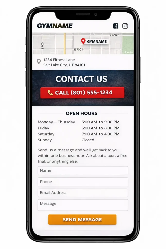 Mobile view of a gym contact page with tap-to-call button, map, hours, and short enquiry form.