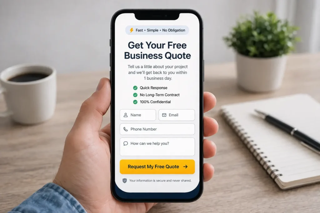 mobile-landing-page-cta-short-form-Mobile phone mockup showing a fast and simple CTA section with a short form for small business landing page conversions