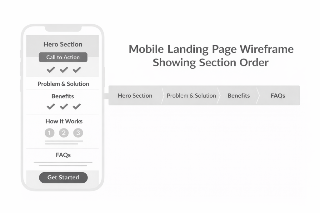 Horizontal mobile landing page wireframe showing section order from hero section and CTA to problem and solution, benefits, FAQs, and final get started button