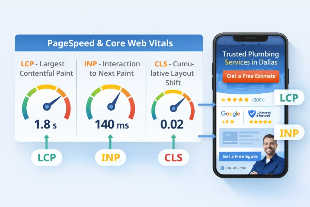 Mobile PageSpeed and Core Web Vitals dashboard mockup showing LCP, INP, and CLS metrics beside a local service website preview on a smartphone.