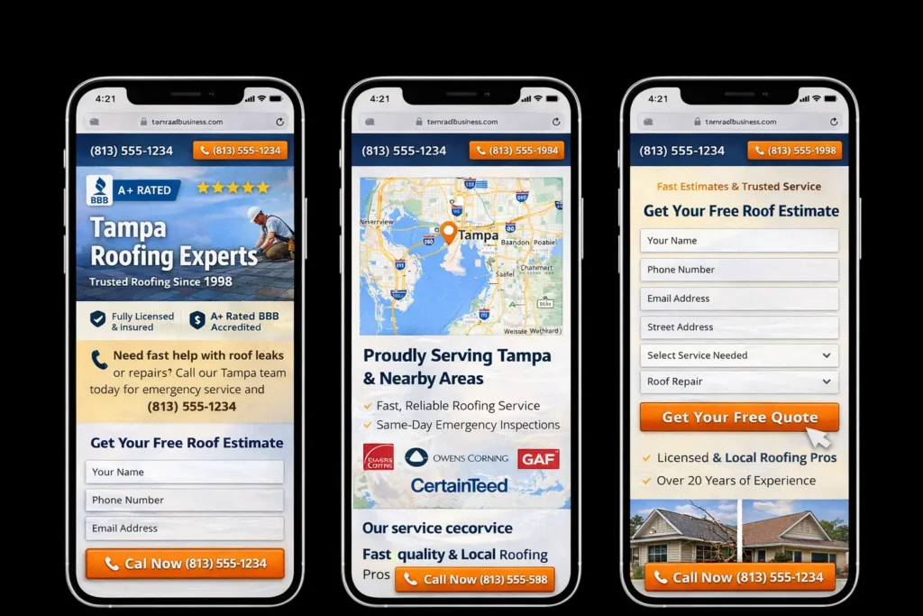 Mobile roofing website design showing a sticky call button, local service area map, and quote form for a roofing company website