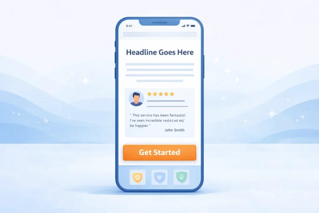 Mobile view of a service landing page with a sticky call-to-action button and testimonial block