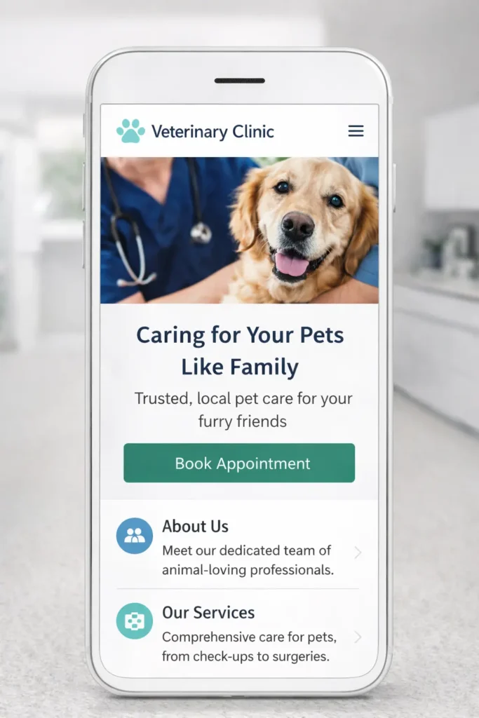 Mobile view of a clean veterinary homepage with a clear booking button, pet photo, and easy-to-read service sections.