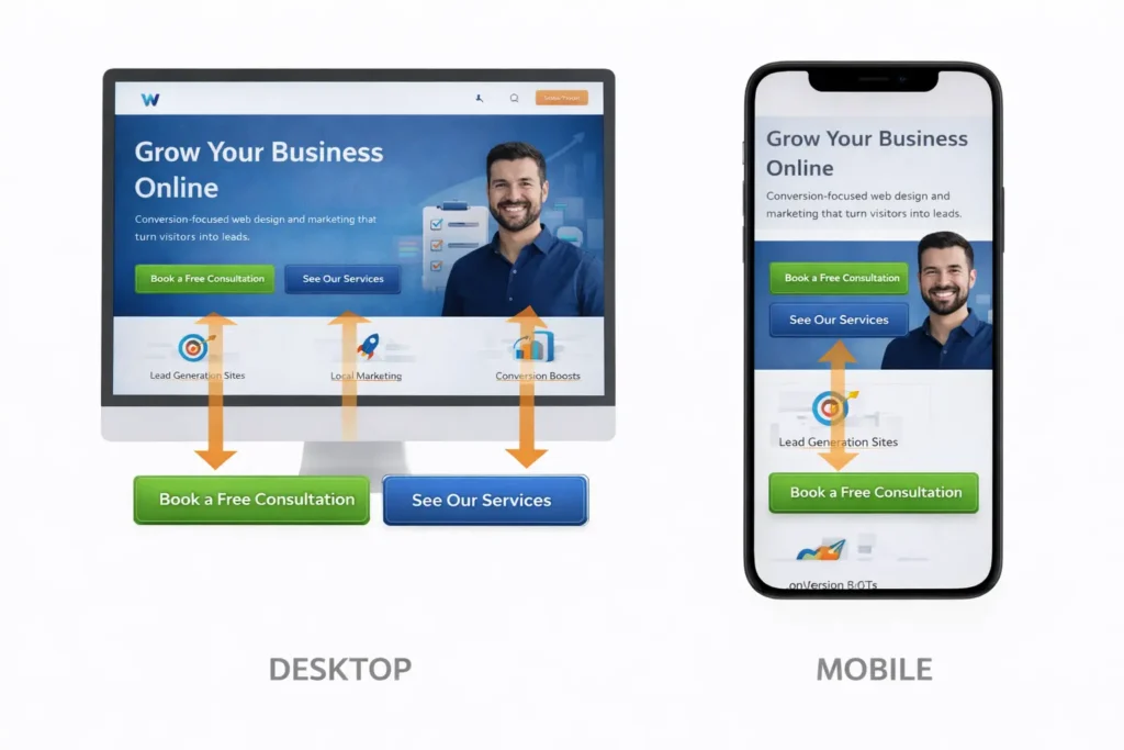 Mobile vs desktop comparison showing CTA placement differences on a website hero section to improve conversions and user experience