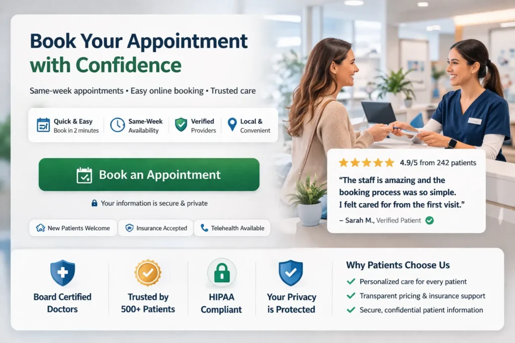 Patient booking section mockup for a clinic website that builds trust, featuring trust badges, patient review snippet, privacy reassurance, and a clear appointment CTA