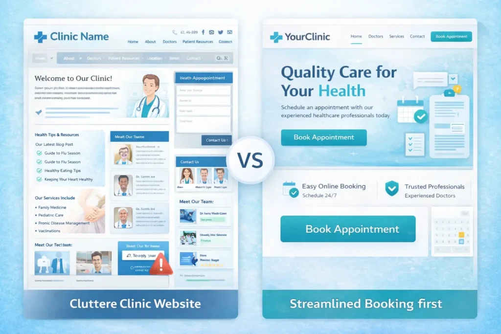 Comparison image showing a cluttered clinic website versus a streamlined patient booking website layout with clearer navigation, stronger booking flow, and a visible Book Appointment button.