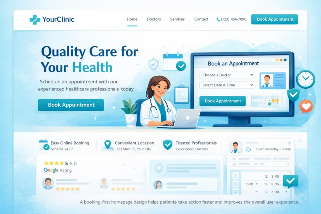 Patient booking website homepage hero section with a visible Book Appointment button, modern clinic website design, online healthcare scheduling, and patient-friendly booking interface.