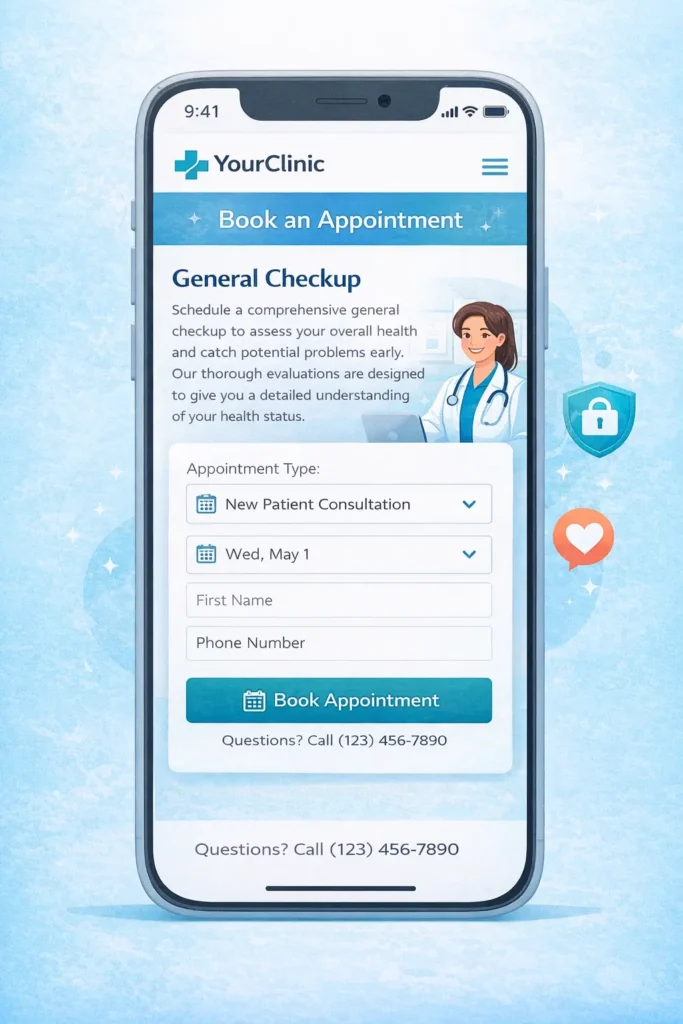 Mobile patient booking website showing a simple healthcare appointment form with essential fields, clean clinic-friendly design, and easy online booking experience.