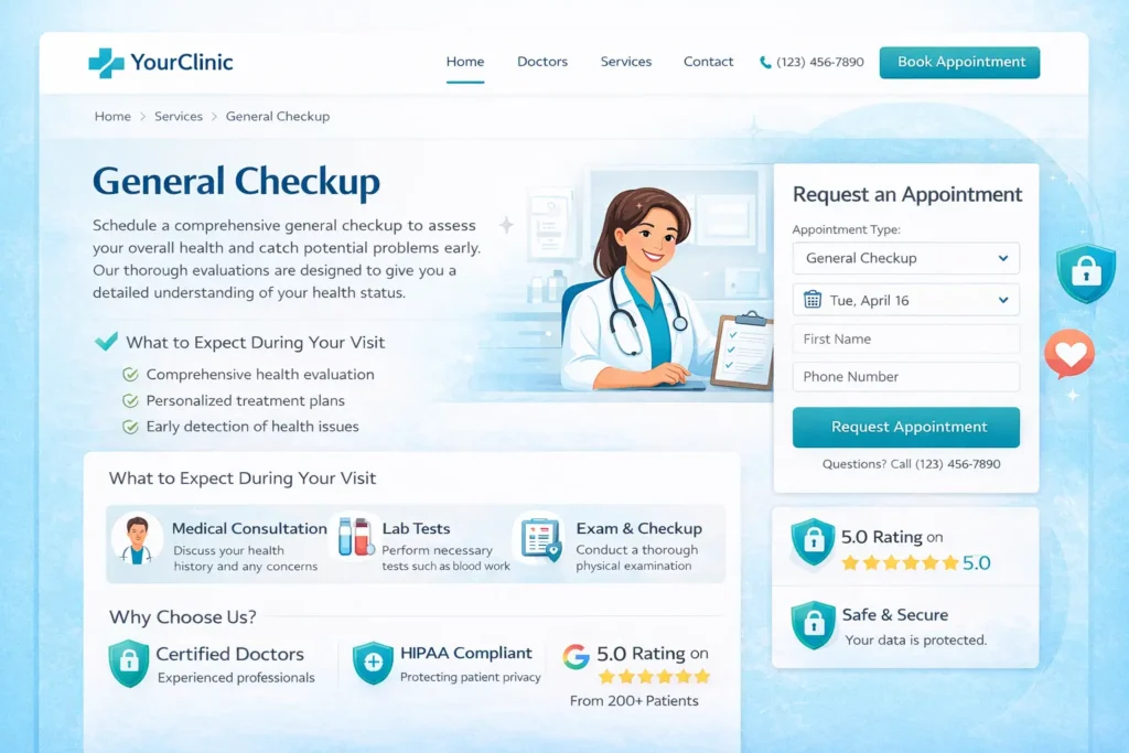 Patient booking website service page mockup with treatment details, trust badges, HIPAA-compliant clinic website elements, and a simple online appointment form for healthcare scheduling.