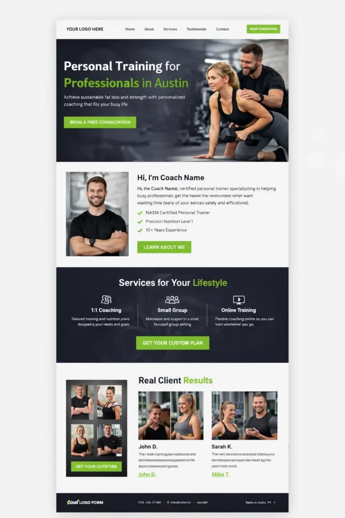 Screenshot mockup of an ideal personal trainer homepage layout with hero section, services, testimonials, and call-to-action buttons.