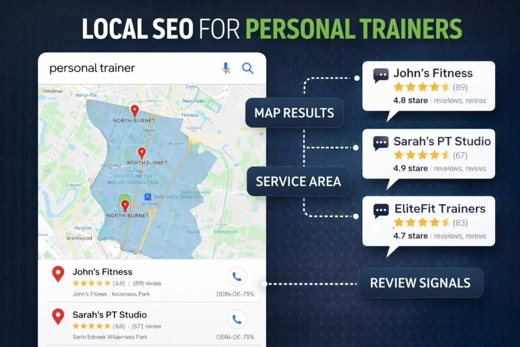 Local SEO visual for a personal trainer website showing map results, service area coverage, and review signals for nearby fitness businesses.
