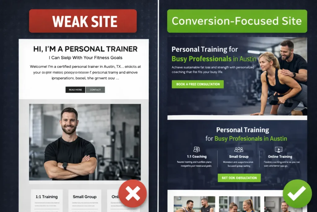 Before-and-after comparison of a personal trainer website showing a weak trainer site versus a conversion-focused website layout designed to generate more client inquiries.