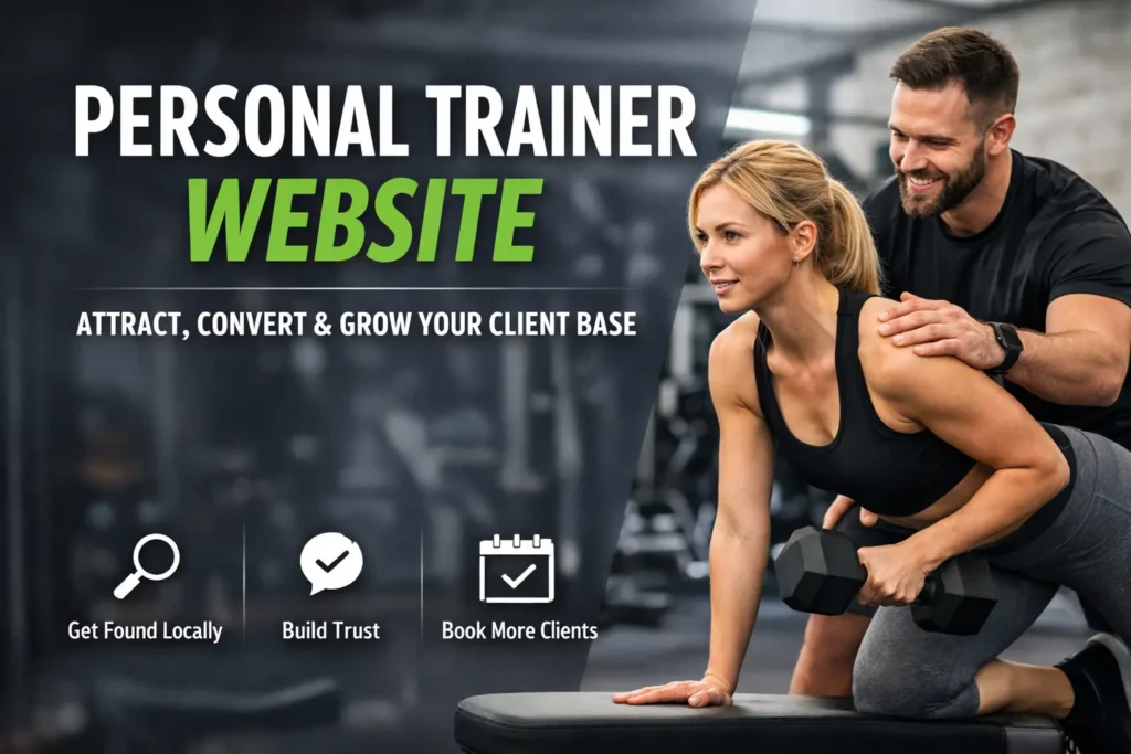 Personal trainer coaching a client during a dumbbell workout in a gym, with bold text promoting a personal trainer website that helps attract, convert, and grow clients.