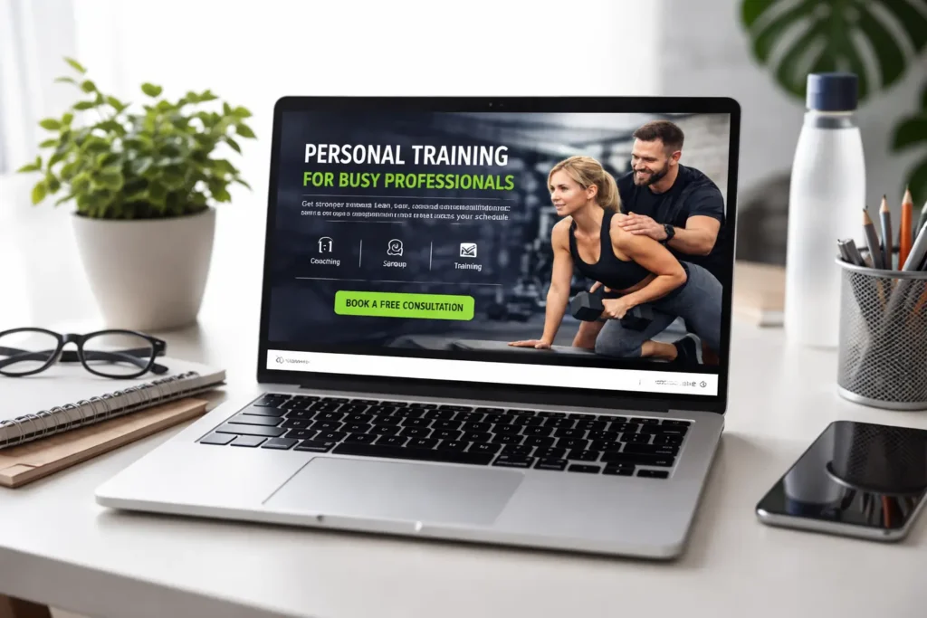 Personal trainer website displayed on a laptop screen in a clean home office workspace with modern desk accessories
