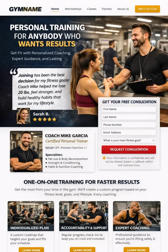 Personal training landing page mockup with coach profile, testimonial quote, and consultation form.