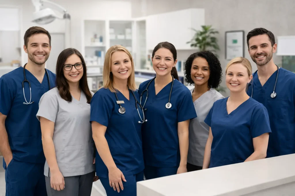 Veterinary team photo for a pet clinic website showing smiling veterinarians and support staff inside a clean, professional clinic.
