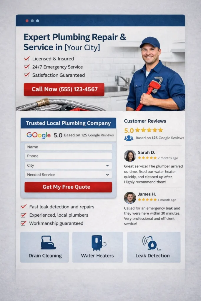 Screenshot-style plumber service page layout with headline, trust section, customer reviews, and short quote form