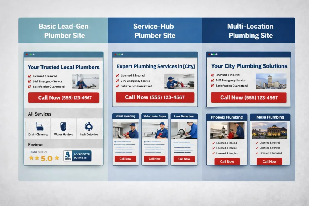 Comparison graphic showing a basic lead-gen plumber site, service-hub plumber site, and multi-location plumbing site layout