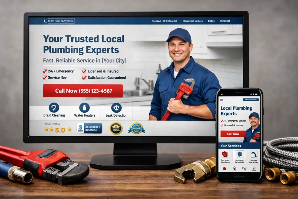 Desktop and mobile mockup showing plumber website design with call now button, service sections, and local plumbing trust badges
