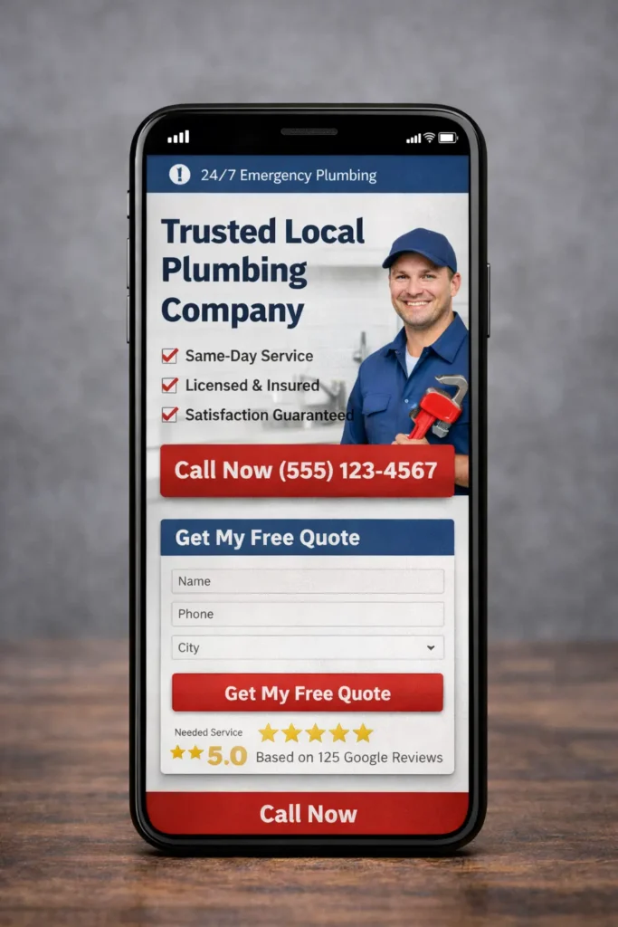 Mobile mockup showing a plumber website with sticky call button, short quote form, and review stars