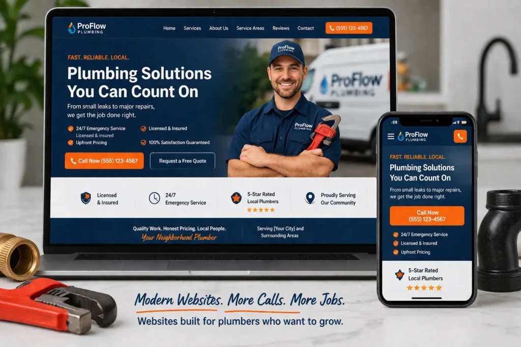 Plumber website design hero image showing a modern plumbing company website on desktop and mobile with bold call button and trust badges