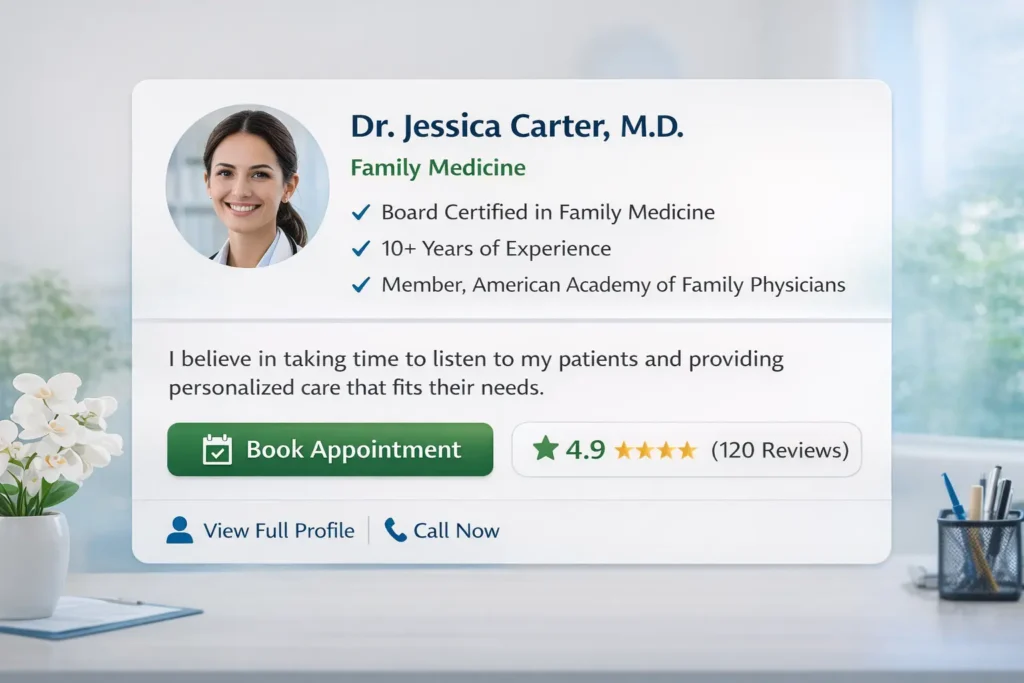 Clinic website that builds trust provider profile card mockup with doctor photo, credentials, patient rating, and short care philosophy