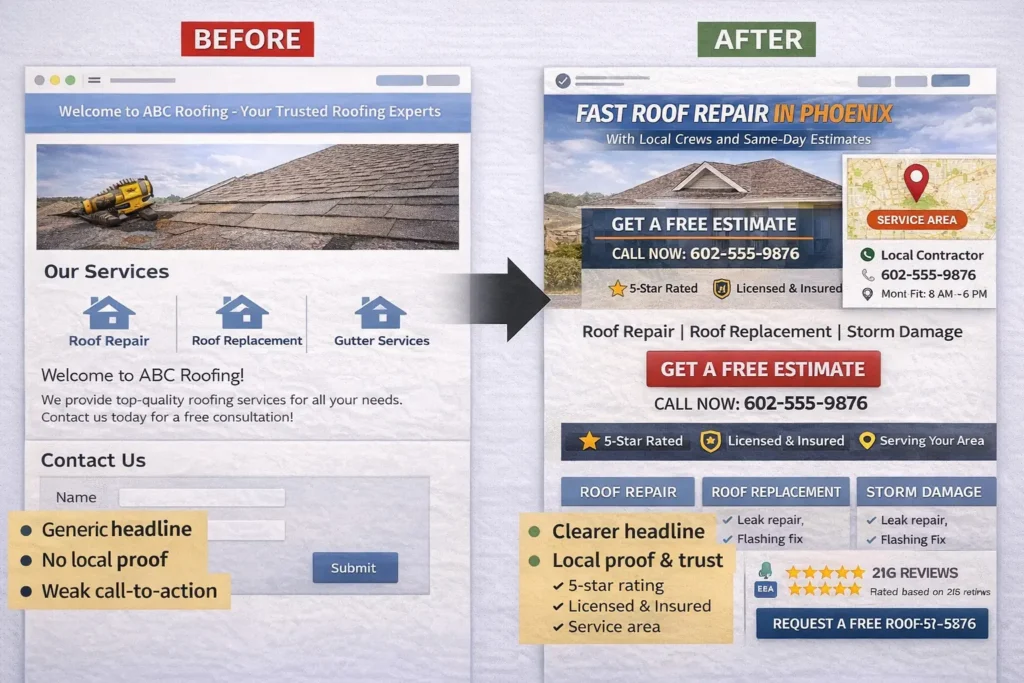 Before and after comparison of a roofing homepage showing a weak design beside an improved version with clear CTA, local proof, and stronger service messaging