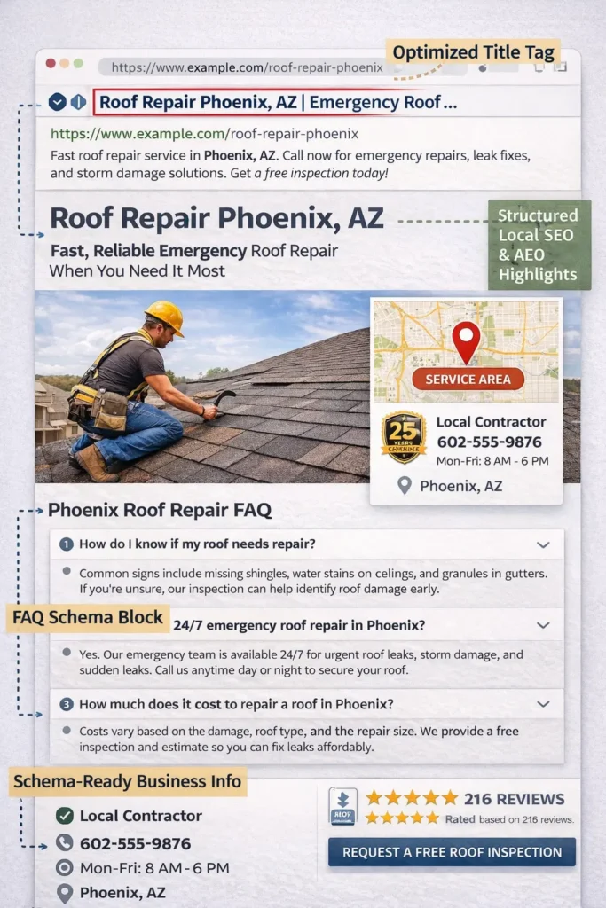 Roof repair website service page graphic with highlighted title tag, city heading, FAQ block, and schema-ready business information for local SEO
