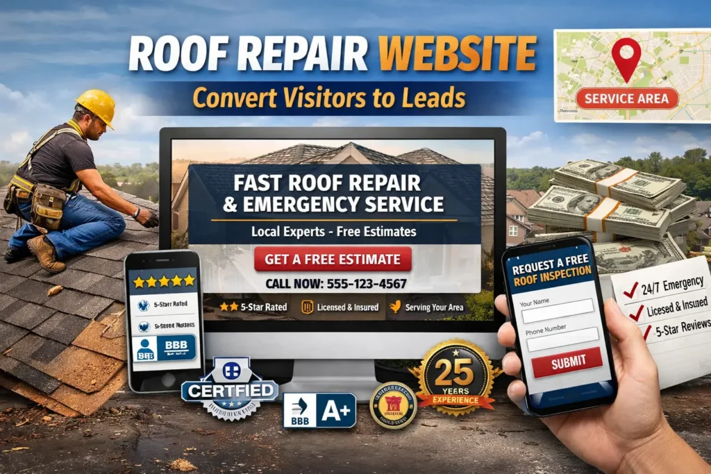 Roof repair website design showing emergency roofing service homepage with free estimate CTA, trust badges, and service area map