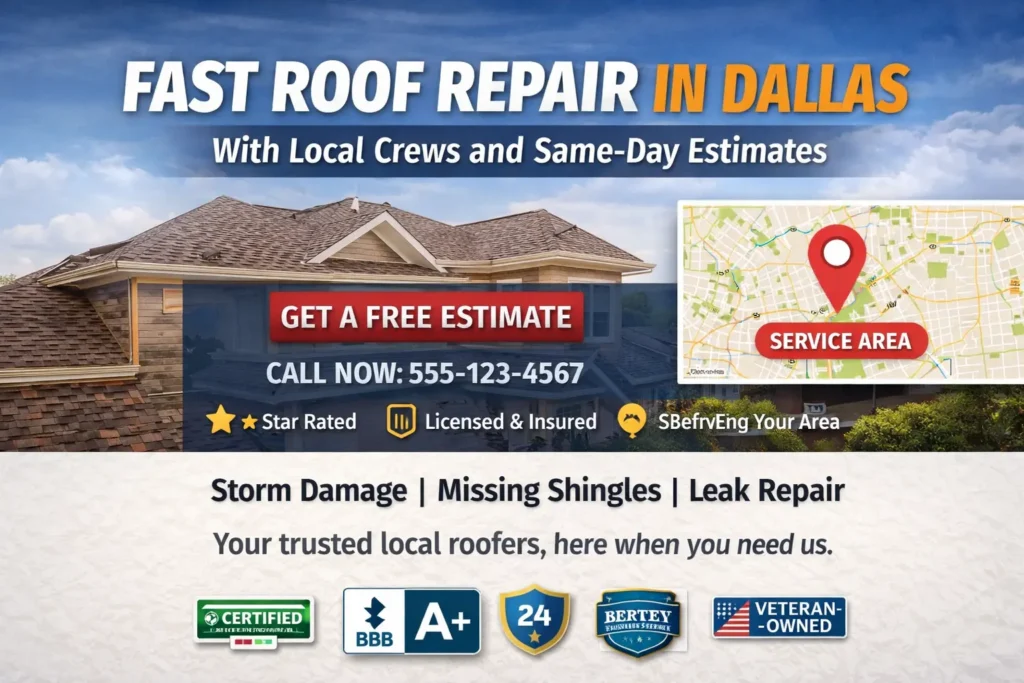 Roof repair website hero section mockup with headline, trust badges, phone CTA, and service area map for a roofing company homepage