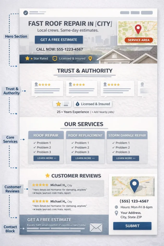 Wireframe of a roof repair website homepage showing hero section, trust badges, service cards, customer reviews, and contact call-to-action