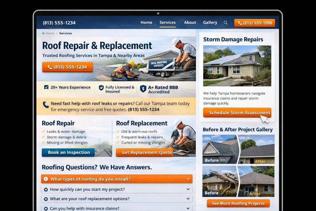 Service page mockup for a roofing company website showing roof repair, roof replacement, storm damage section, FAQ, and before and after gallery